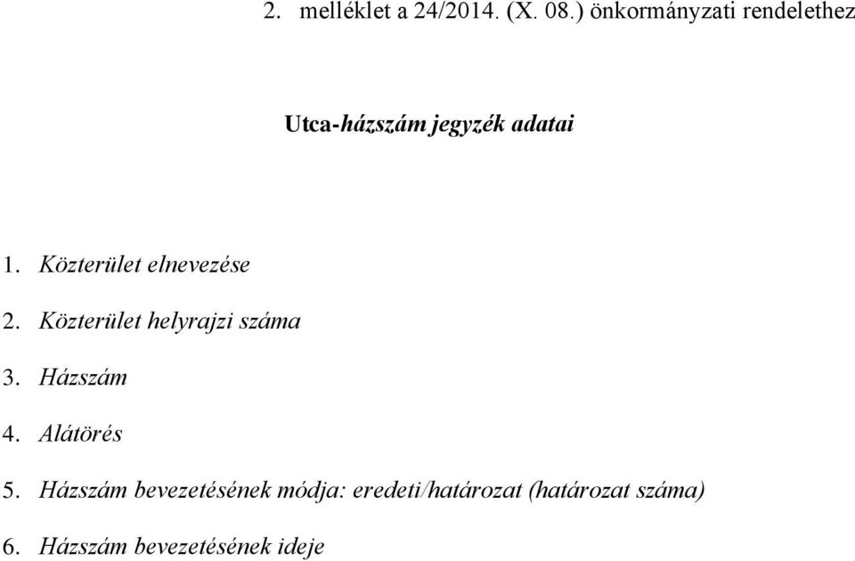 Közterület elnevezése 2. Közterület helyrajzi száma 3. Házszám 4.