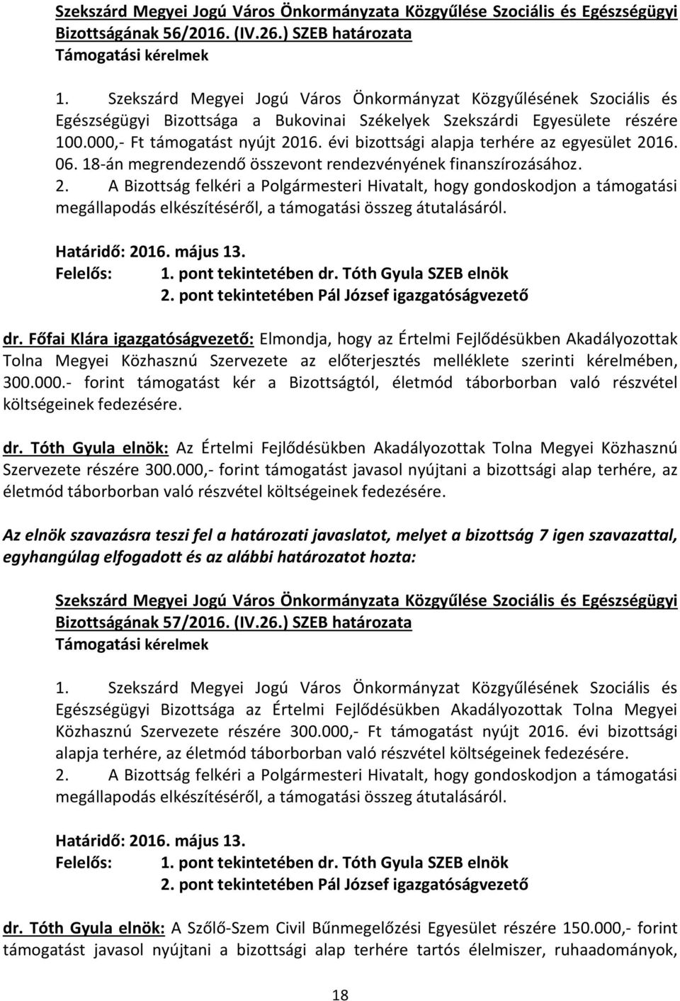 Határidő: 2016. május 13. Felelős: 1. pont tekintetében dr. Tóth Gyula SZEB elnök 2. pont tekintetében Pál József igazgatóságvezető dr.