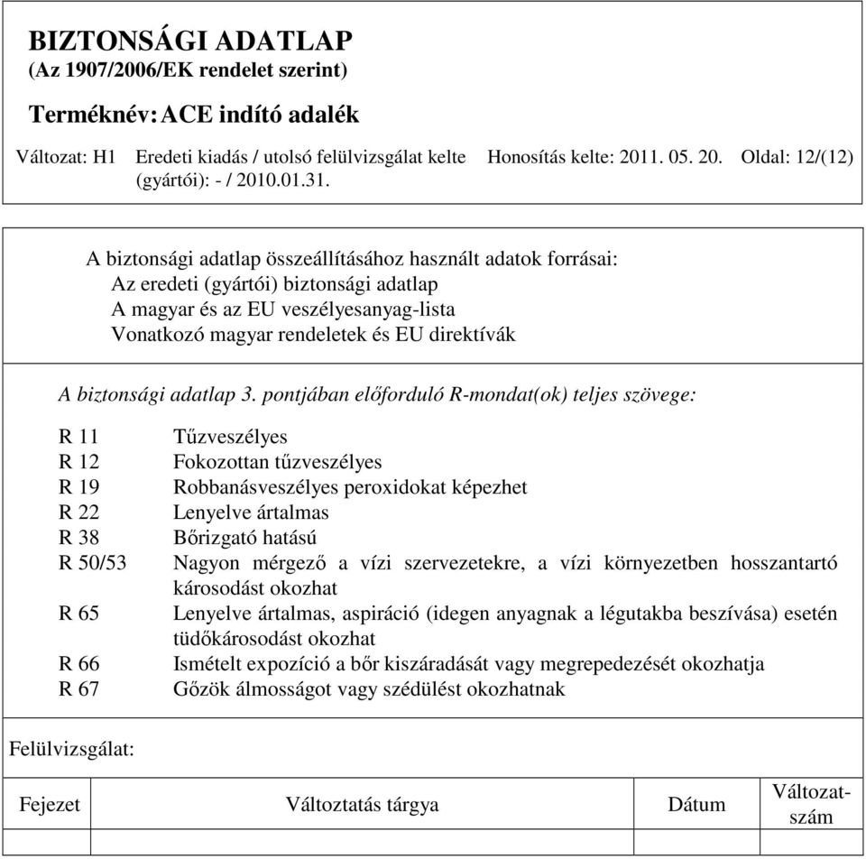 Oldal: 12/(12) A biztonsági adatlap összeállításához használt adatok forrásai: Az eredeti (gyártói) biztonsági adatlap A magyar és az EU veszélyesanyag-lista Vonatkozó magyar rendeletek és EU