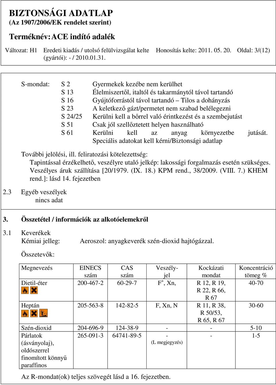 Oldal: 3/(12) S-mondat: S 2 Gyermekek kezébe nem kerülhet S 13 Élelmiszertıl, italtól és takarmánytól távol tartandó S 16 Gyújtóforrástól távol tartandó Tilos a dohányzás S 23 A keletkezı