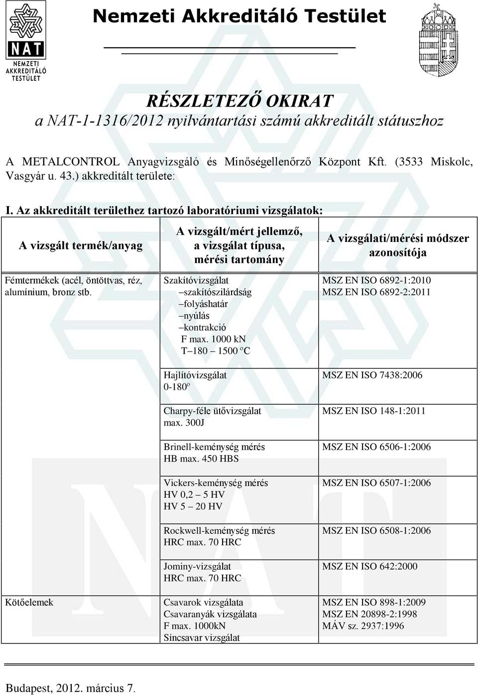 Kötõelemek Szakítóvizsgálat szakítószilárdság folyáshatár nyúlás kontrakció F max. 1000 kn T 180 1500 ºC Hajlítóvizsgálat 0-180º Charpy-féle ütõvizsgálat max. 300J Brinell-keménység mérés HB max.