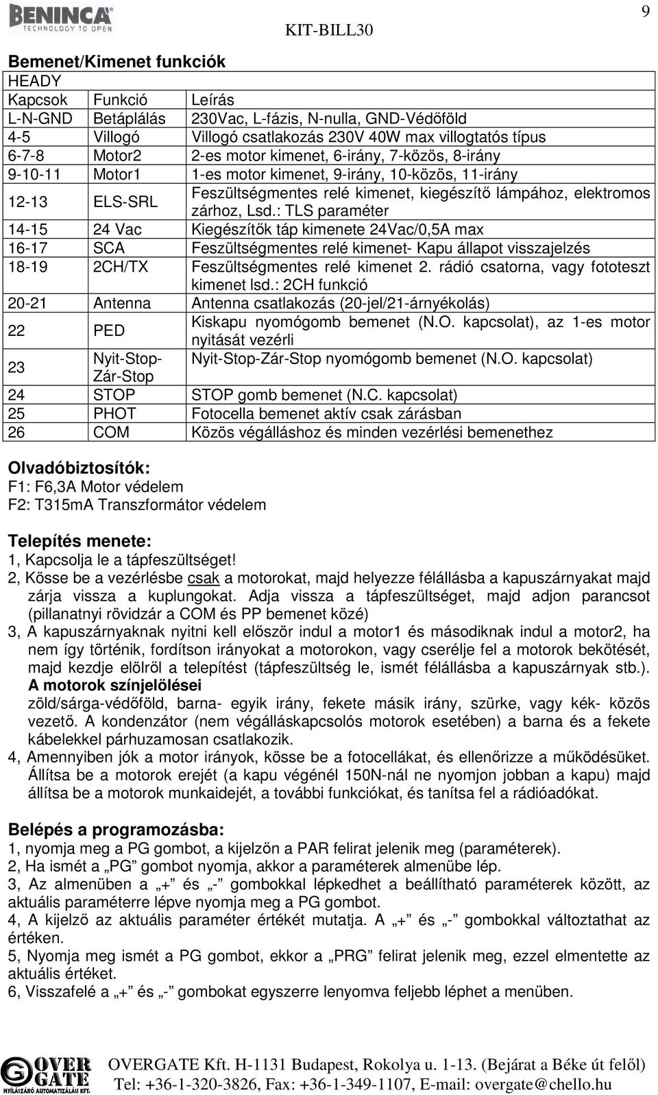 : TLS paraméter 14-15 24 Vac Kiegészítők táp kimenete 24Vac/0,5A max 16-17 SCA Feszültségmentes relé kimenet- Kapu állapot visszajelzés 18-19 2CH/TX Feszültségmentes relé kimenet 2.