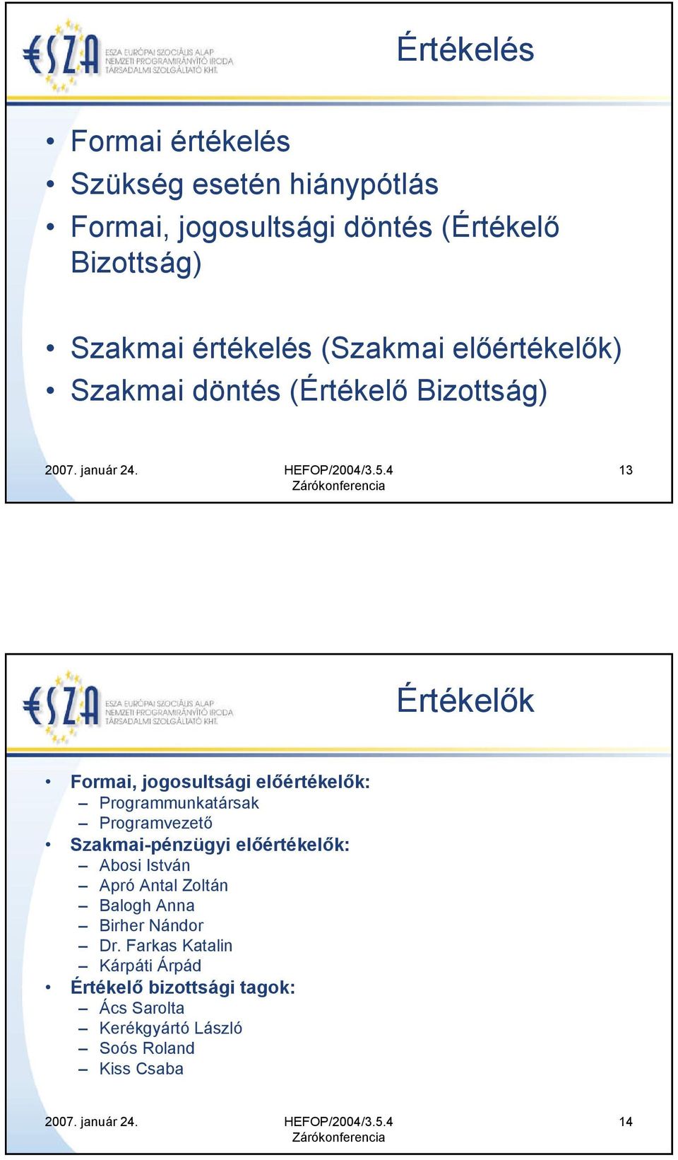 Programmunkatársak Programvezető Szakmai-pénzügyi előértékelők: Abosi István Apró Antal Zoltán Balogh Anna Birher