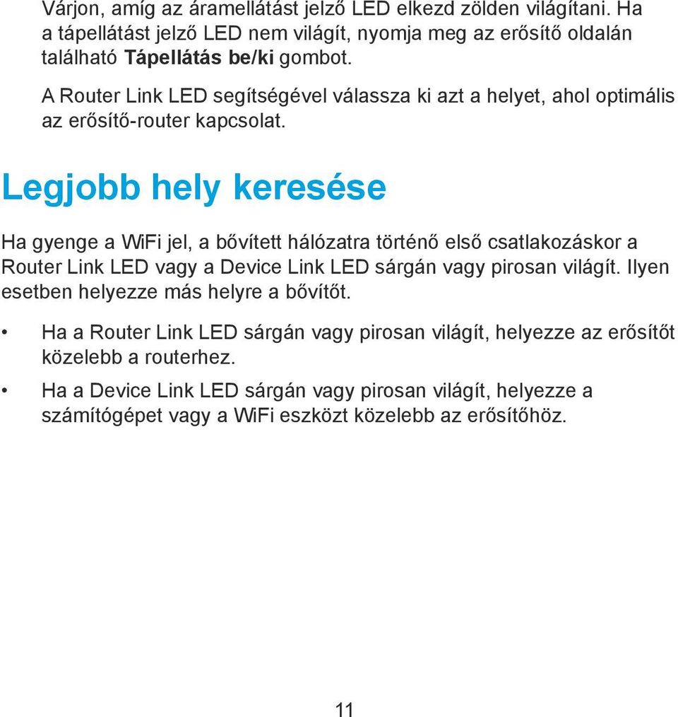 Legjobb hely keresése Ha gyenge a WiFi jel, a bővített hálózatra történő első csatlakozáskor a Router Link LED vagy a Device Link LED sárgán vagy pirosan világít.