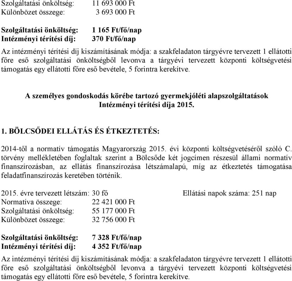 A személyes gondoskodás körébe tartozó gyermekjóléti alapszolgáltatások Intézményi térítési díja 2015. 1. BÖLCSŐDEI ELLÁTÁS ÉS ÉTKEZTETÉS: 2014-től a normatív támogatás Magyarország 2015.