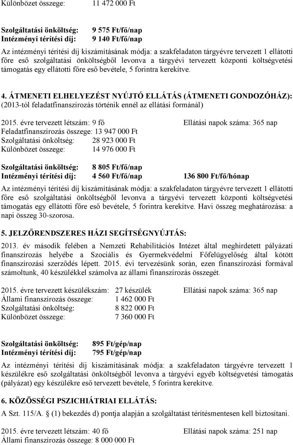 ÁTMENETI ELHELYEZÉST NYÚJTÓ ELLÁTÁS (ÁTMENETI GONDOZÓHÁZ): (2013-tól feladatfinanszírozás történik ennél az ellátási formánál) 2015.