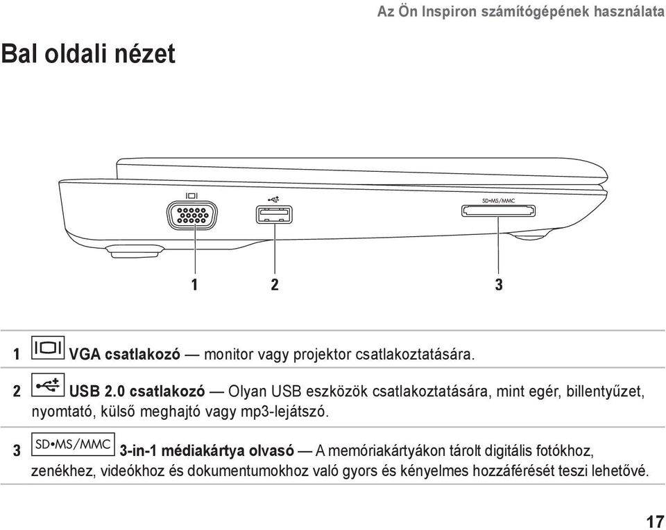 0 csatlakozó Olyan USB eszközök csatlakoztatására, mint egér, billentyűzet, nyomtató, külső meghajtó