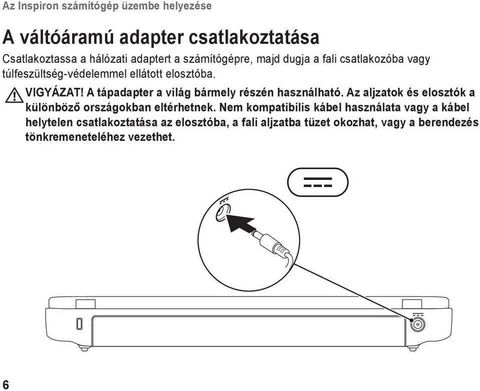 A tápadapter a világ bármely részén használható. Az aljzatok és elosztók a különböző országokban eltérhetnek.