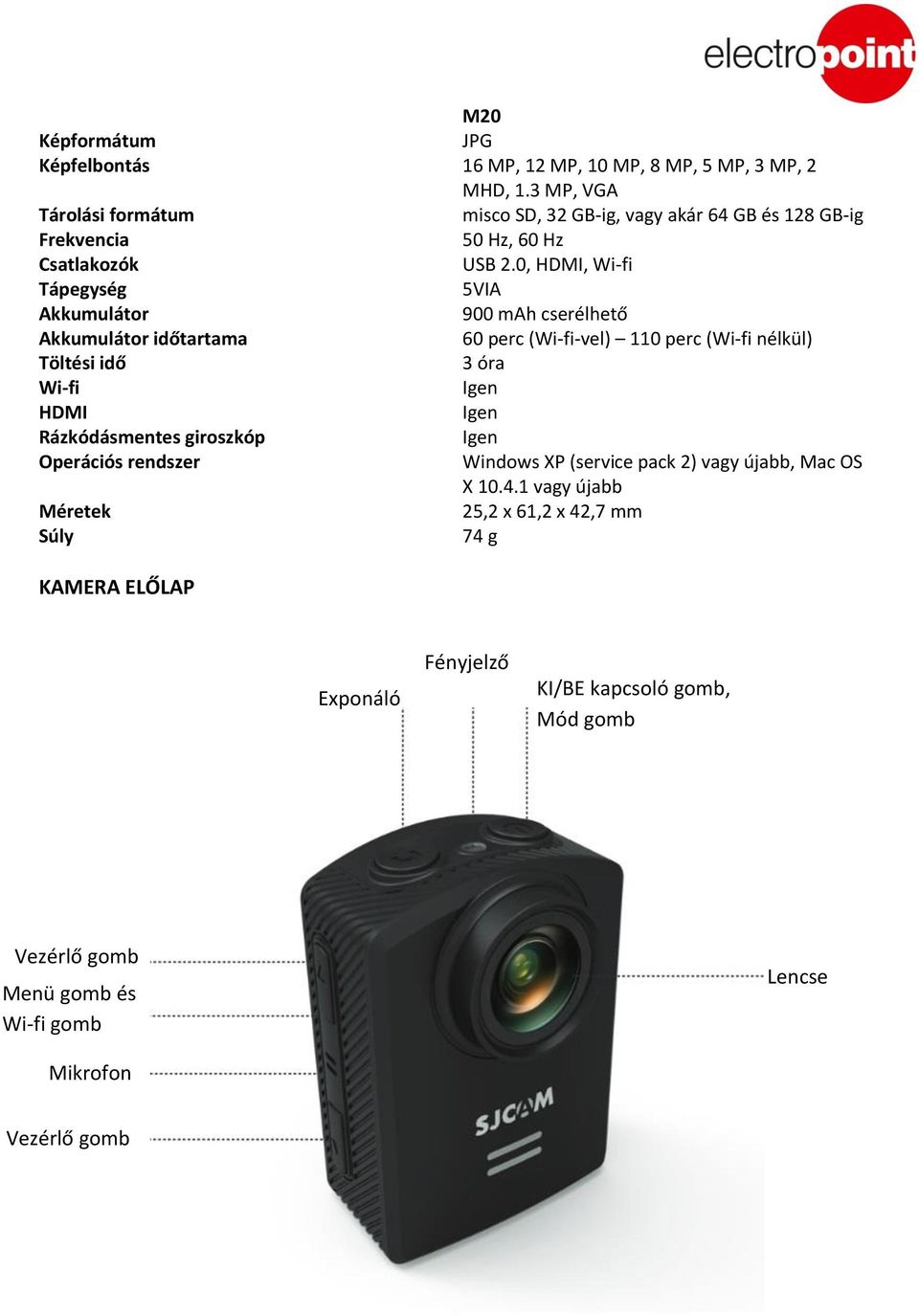 0, HDMI, Wi-fi Tápegység 5VIA Akkumulátor 900 mah cserélhető Akkumulátor időtartama 60 perc (Wi-fi-vel) 110 perc (Wi-fi nélkül) Töltési idő 3 óra Wi-fi Igen HDMI