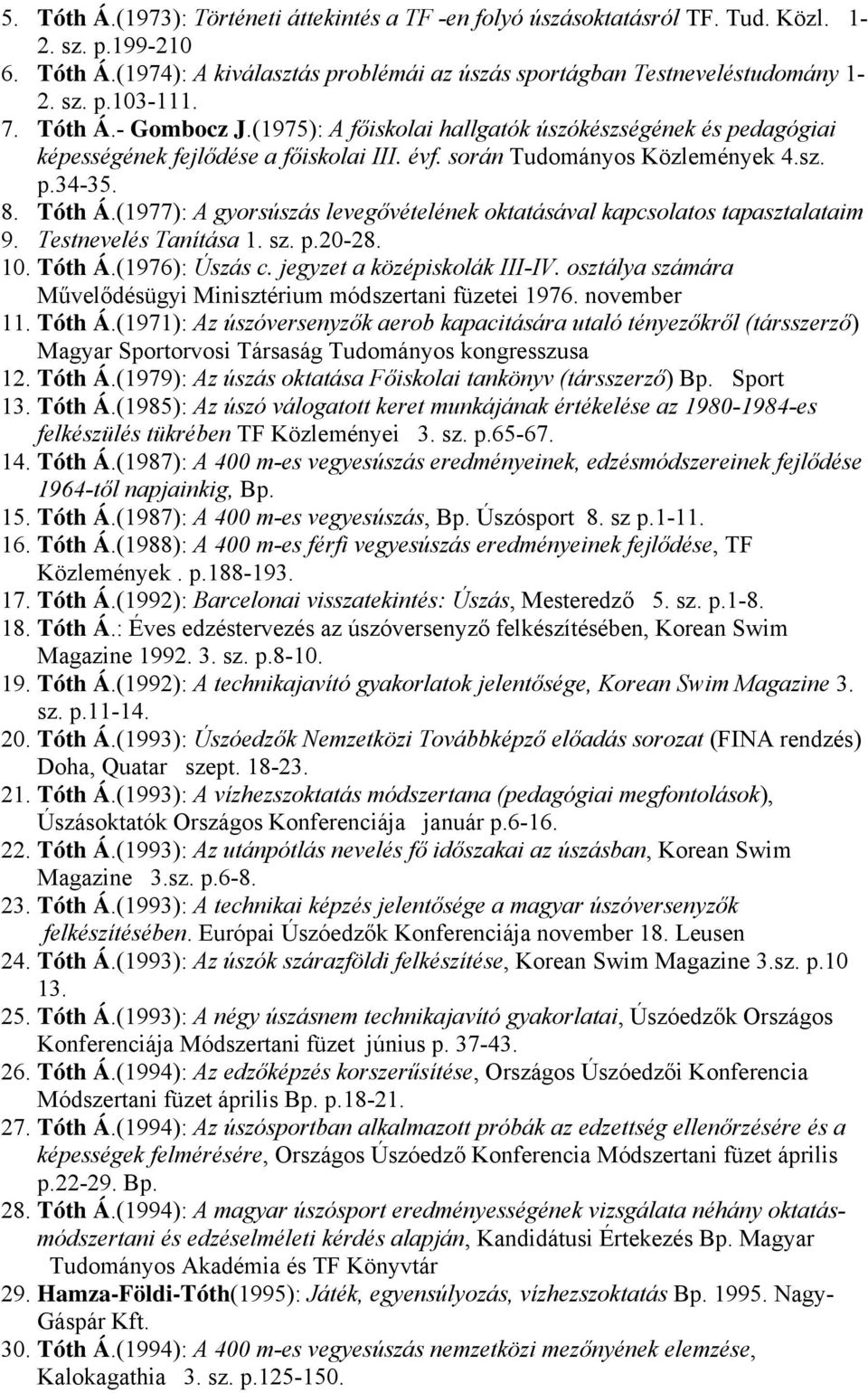 Testnevelés Tanítása 1. sz. p.20-28. 10. Tóth Á.(1976): Úszás c. jegyzet a középiskolák III-IV. osztálya számára Művelődésügyi Minisztérium módszertani füzetei 1976. november 11. Tóth Á.(1971): Az úszóversenyzők aerob kapacitására utaló tényezőkről (társszerző) Magyar Sportorvosi Társaság Tudományos kongresszusa 12.