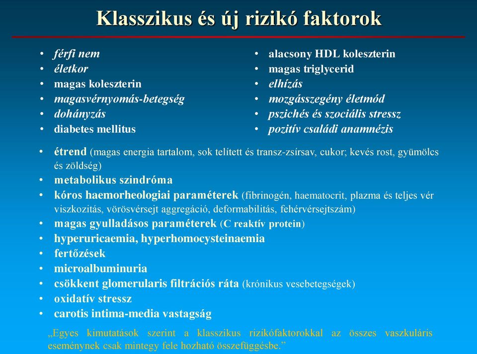 haemorheologiai paraméterek (fibrinogén, haematocrit, plazma és teljes vér viszkozitás, vörösvérsejt aggregáció, deformabilitás, fehérvérsejtszám) magas gyulladásos paraméterek (C reaktív protein)