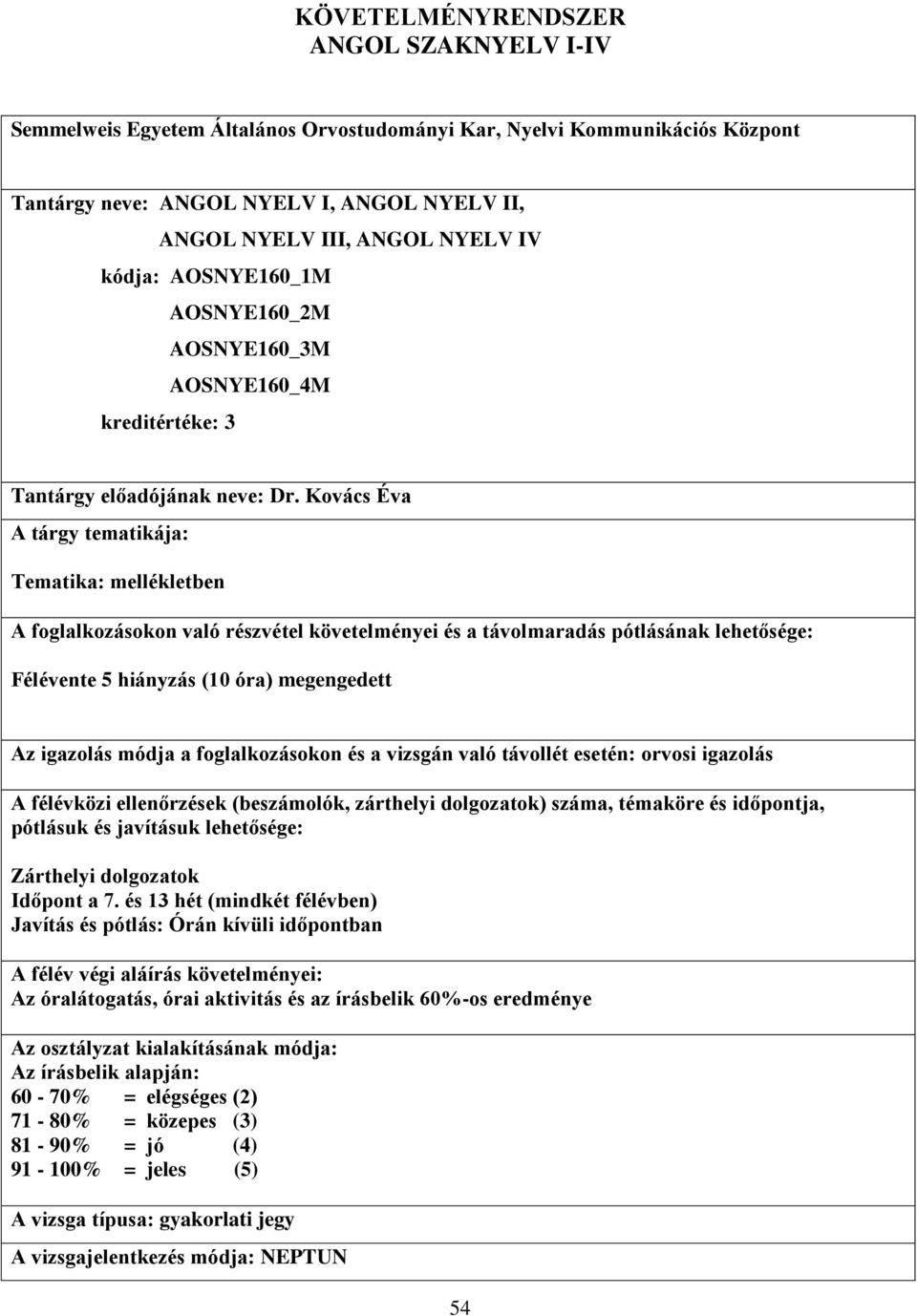 Kovács Éva A tárgy tematikája: Tematika: mellékletben A foglalkozásokon való részvétel követelményei és a távolmaradás pótlásának lehetősége: Félévente 5 hiányzás (10 óra) megengedett Az igazolás