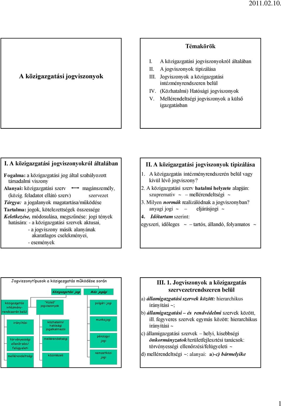 A közigazgatási jogviszonyokról általában Fogalma: a közigazgatási jog által szabályozott társadalmi viszony Alanyai: közigazgatási szerv magánszemély, (közig.