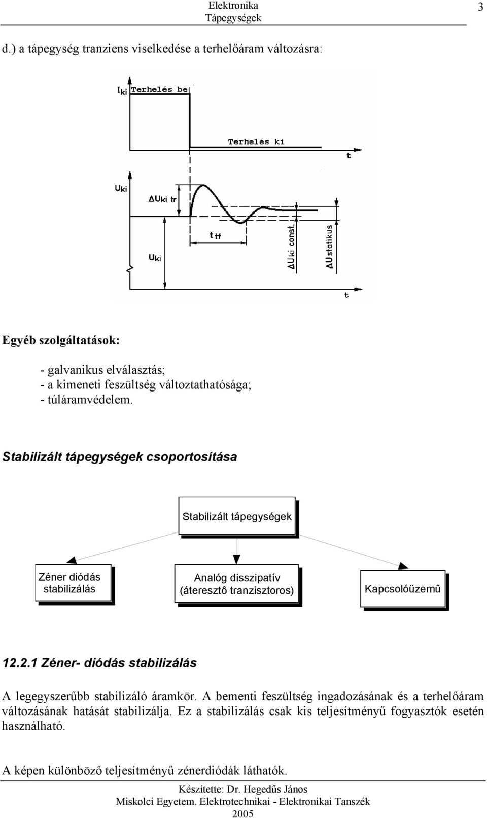 Stabilizált tápegységek csoportosítása Stabilizált tápegységek Zéner diódás stabilizálás Analóg disszipatív (áteresztô tranzisztoros) Kapcsolóüzemû 12.