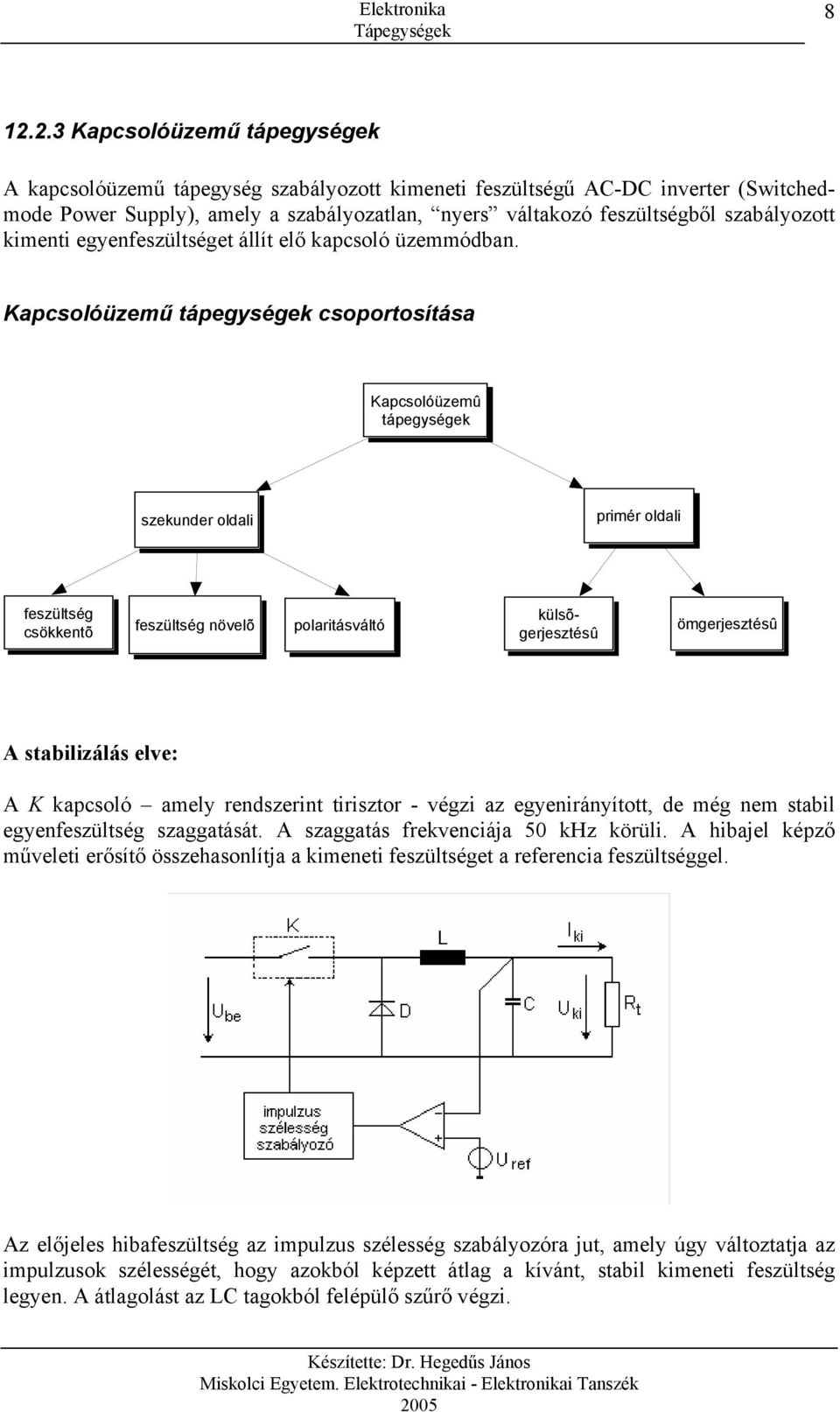 Kapcsolóüzemű tápegységek csoportosítása Kapcsolóüzemû tápegységek szekunder oldali primér oldali feszültség csökkentõ feszültség növelõ polaritásváltó külsõgerjesztésû ömgerjesztésû A stabilizálás