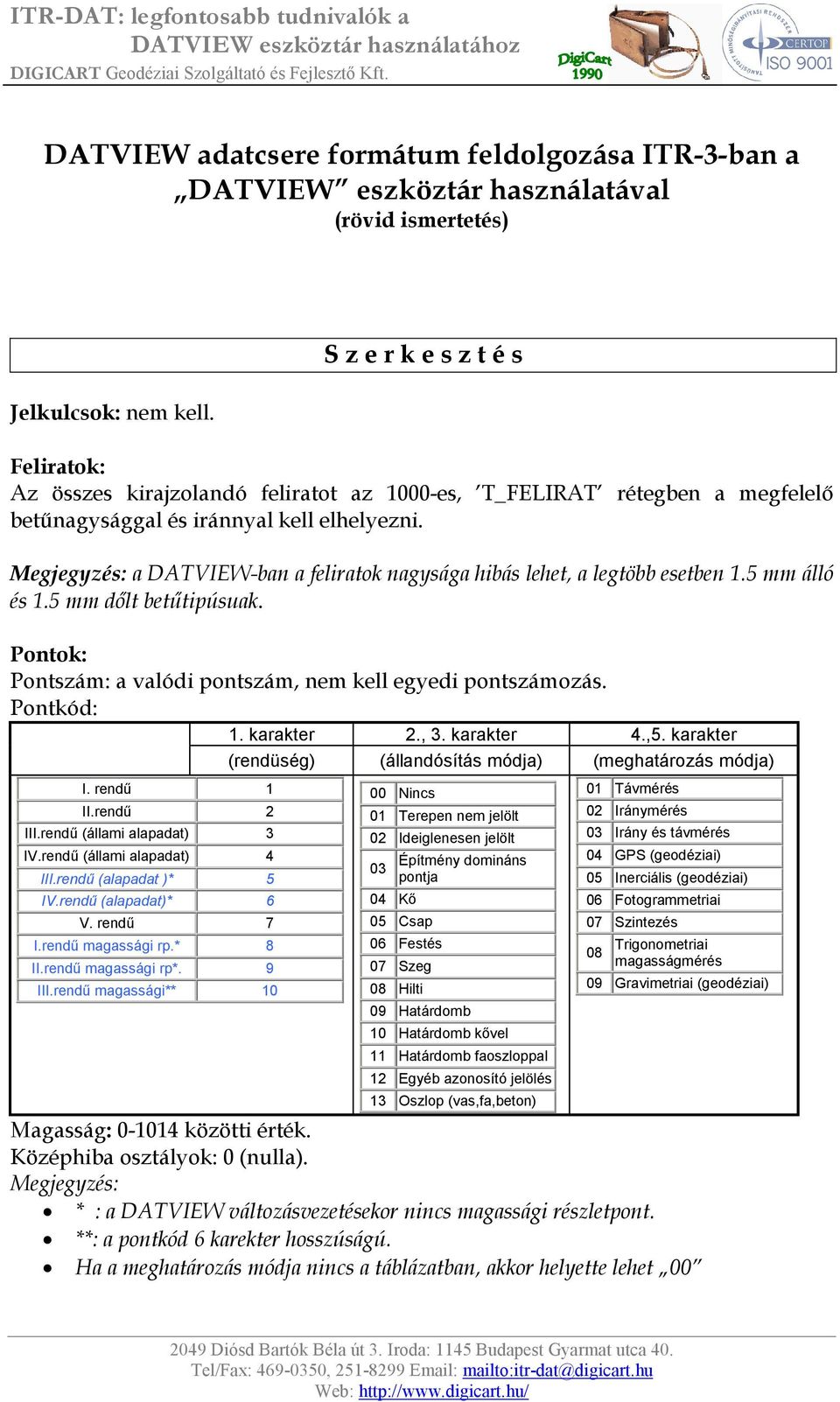 Megjegyzés: a DATVIEW-ban a feliratok nagysága hibás lehet, a legtöbb esetben 1.5 mm álló és 1.5 mm dőlt betűtipúsuak. Pontok: Pontszám: a valódi pontszám, nem kell egyedi pontszámozás. Pontkód: 1.