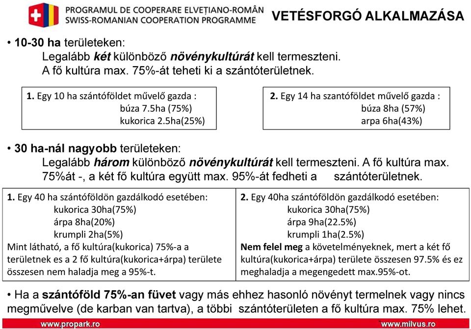 Egy 14 ha szantóföldet művelő gazda : búza 8ha (57%) arpa 6ha(43%) 30 ha-nál nagyobb területeken: Legalább három különböző növénykultúrát kell termeszteni. A fő kultúra max.
