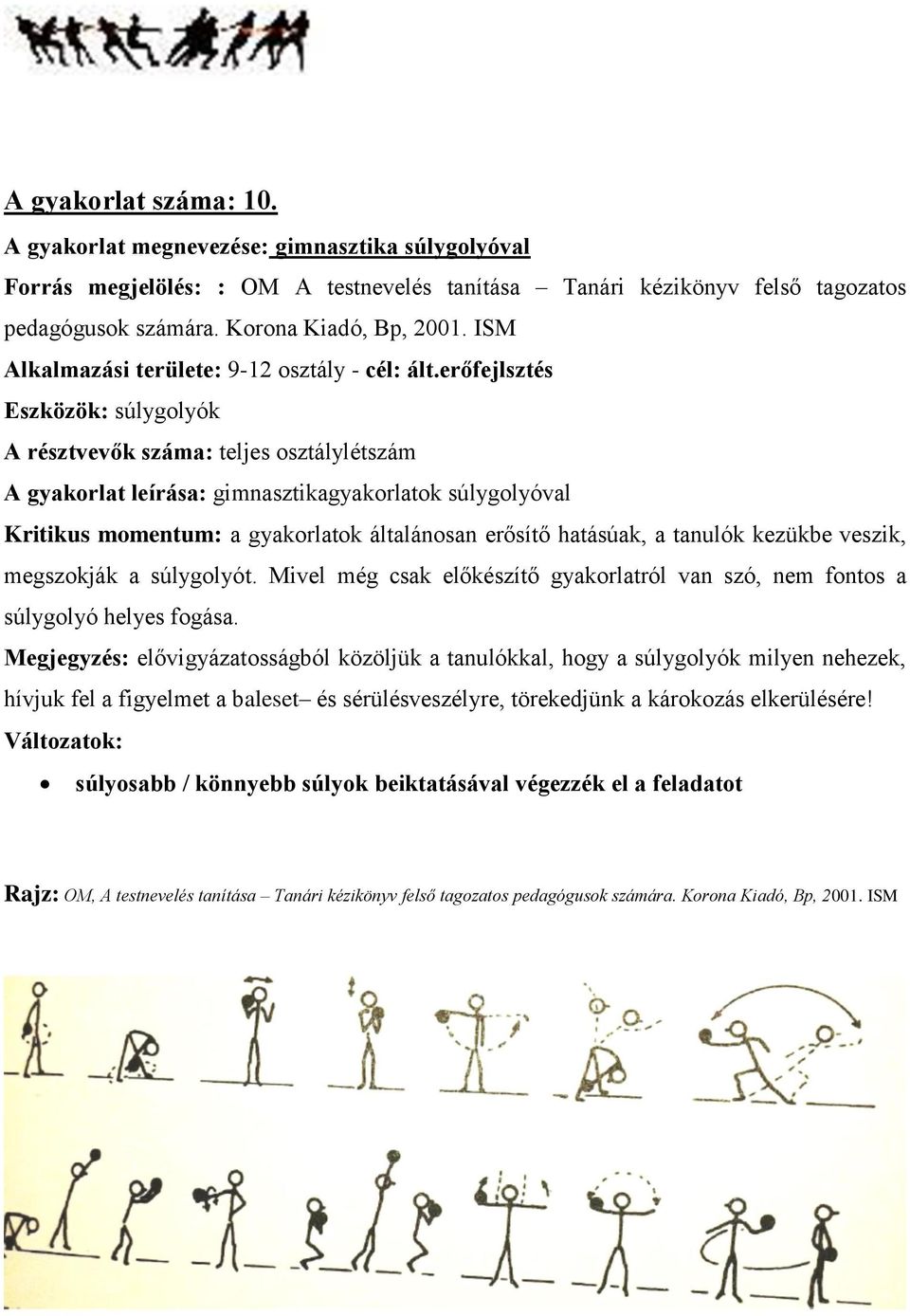 erőfejlsztés Eszközök: súlygolyók A gyakorlat leírása: gimnasztikagyakorlatok súlygolyóval Kritikus momentum: a gyakorlatok általánosan erősítő hatásúak, a tanulók kezükbe veszik, megszokják a