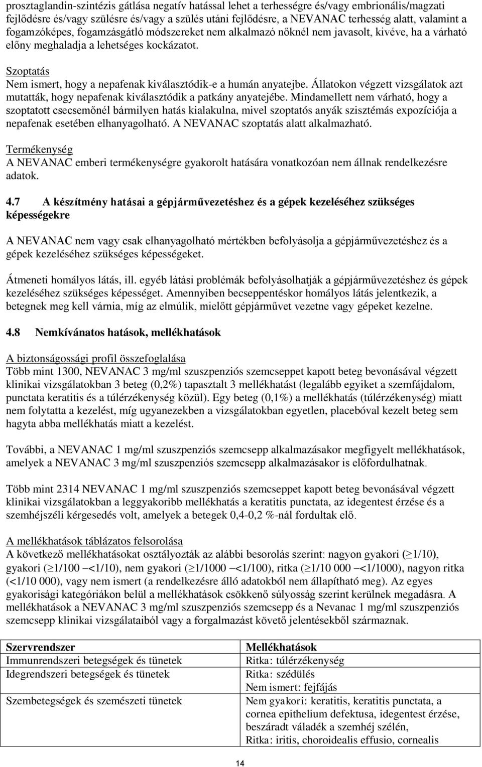 Szoptatás Nem ismert, hogy a nepafenak kiválasztódik-e a humán anyatejbe. Állatokon végzett vizsgálatok azt mutatták, hogy nepafenak kiválasztódik a patkány anyatejébe.