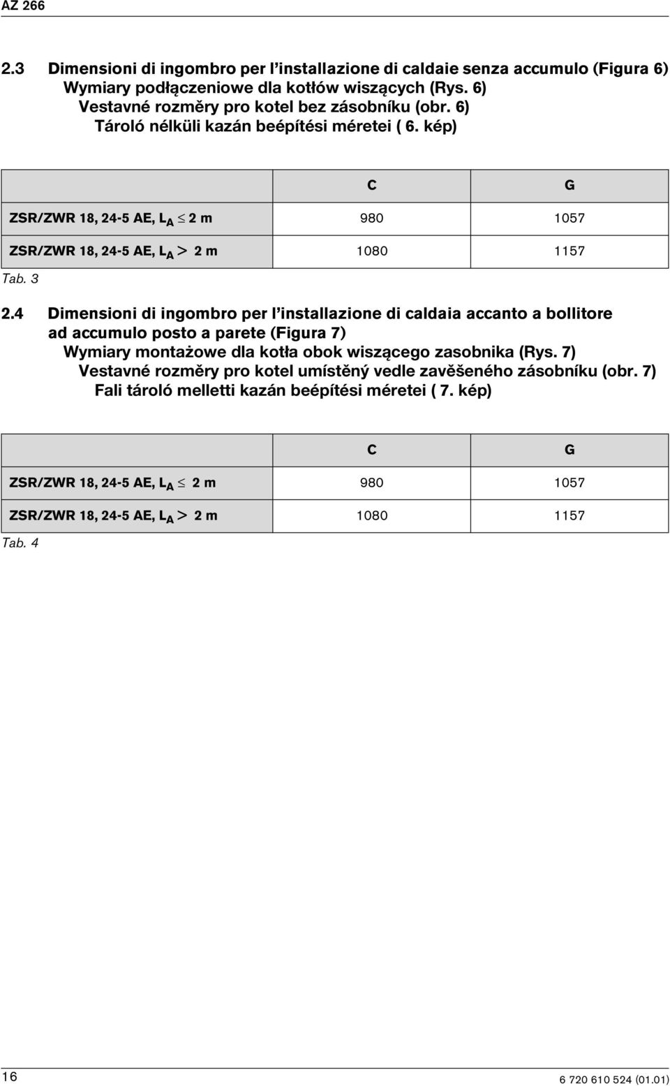 kép) C G ZSR/ZWR 18, 24-5 AE, L A 2 m 980 1057 ZSR/ZWR 18, 24-5 AE, L A > 2 m 1080 1157 Tab. 3 2.