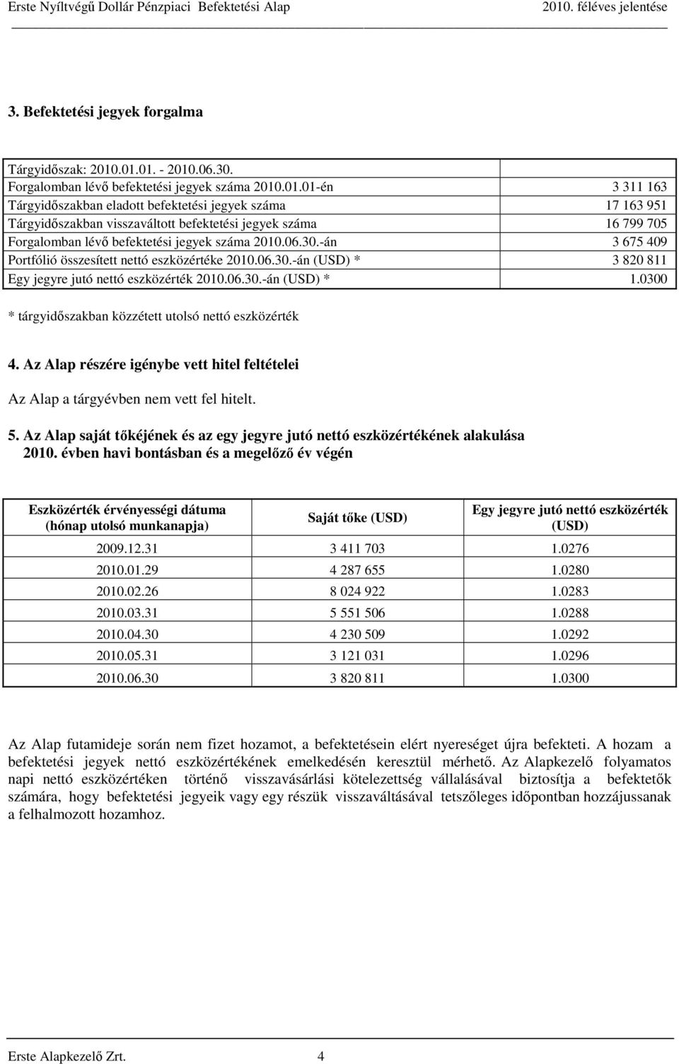 06.30.-án 3 675 409 Portfólió összesített nettó eszközértéke 2010.06.30.-án (USD) * 3 820 811 Egy jegyre jutó nettó eszközérték 2010.06.30.-án (USD) * 1.