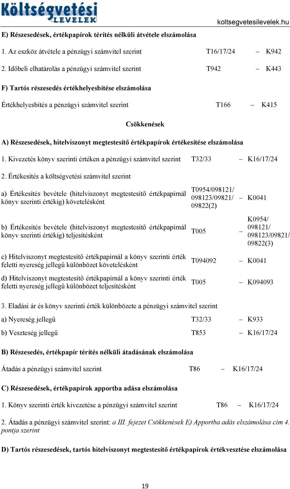 értékesítése elszámolása 1. Kivezetés könyv i értéken a pénzügyi T32/33 K16/17/24 2.