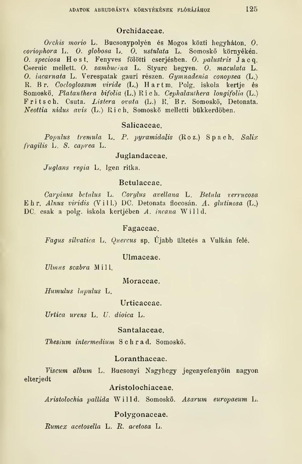 Coeloglossum viride (L.) Hartm. Polg. iskola kertje és Somoskö. Platanthera bifolia (h.) Ri eh. Cephalanihera longifolin (h.) Fritsch. Csuta. Listera ovata (L.) R. B r. Somoskö, Detonata.