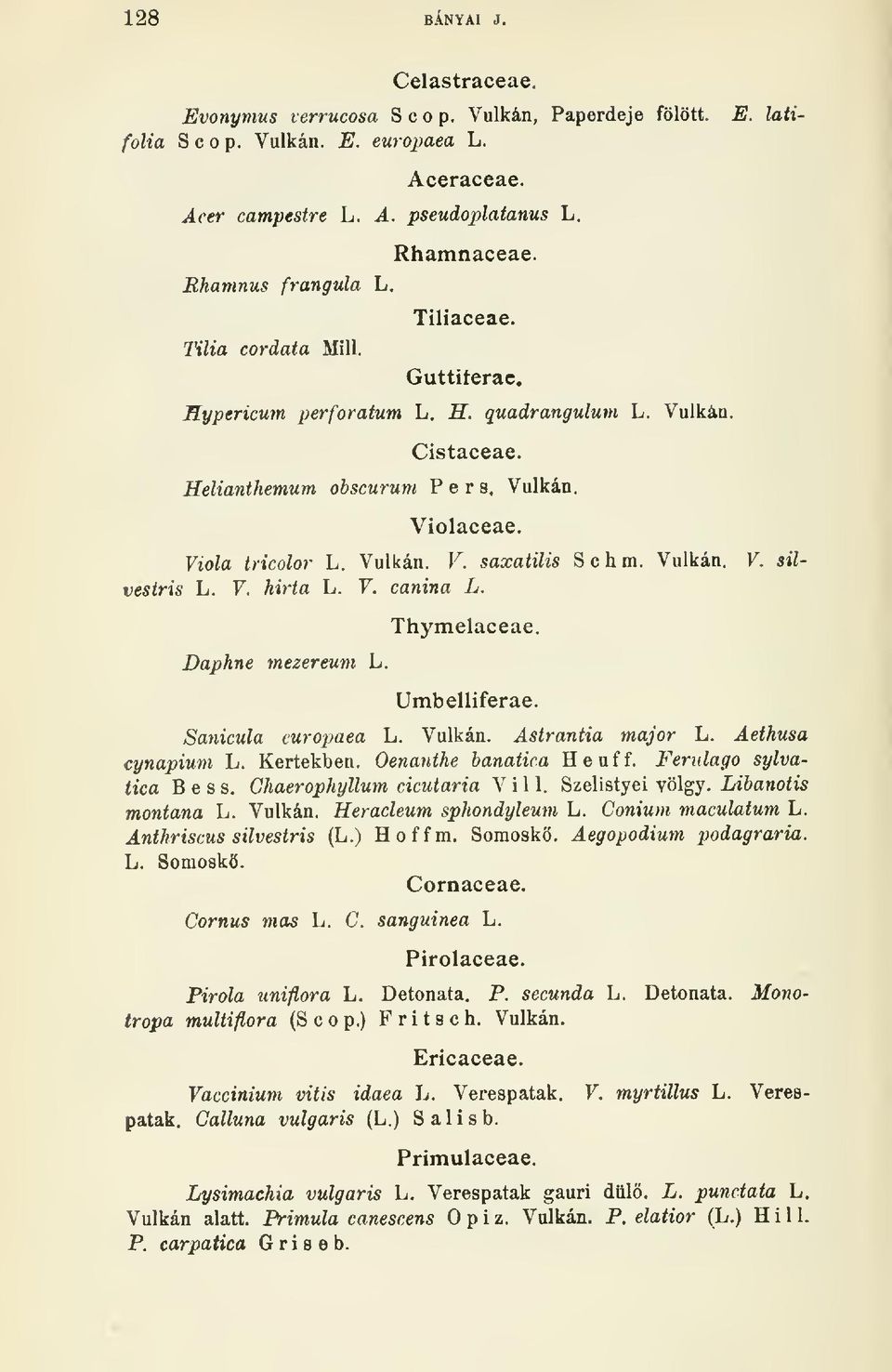 Vulkán. V. silvestris L. V. hirta L. 7. canina L. Daphne mezereum L. Thymelaceae. Umbelliferae. Sanicula curopaea L. Vulkán. Astrantia major L. Aethusa cynapium L. Kertekben. Oenanthe banatica Heuff.