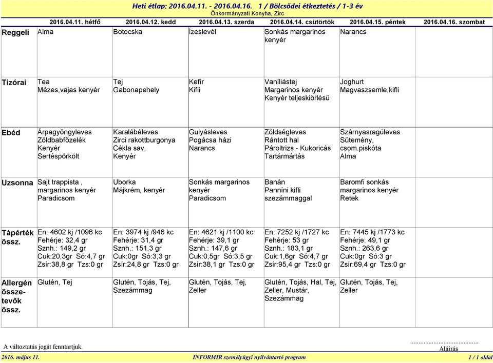 szombat Reggeli Alma Botocska Ízeslevél Sonkás margarinos kenyér Narancs Tízórai Tea Mézes,vajas kenyér Tej Gabonapehely Kefír Kifli Vaníliástej Margarinos kenyér Kenyér teljeskiörlésü Joghurt