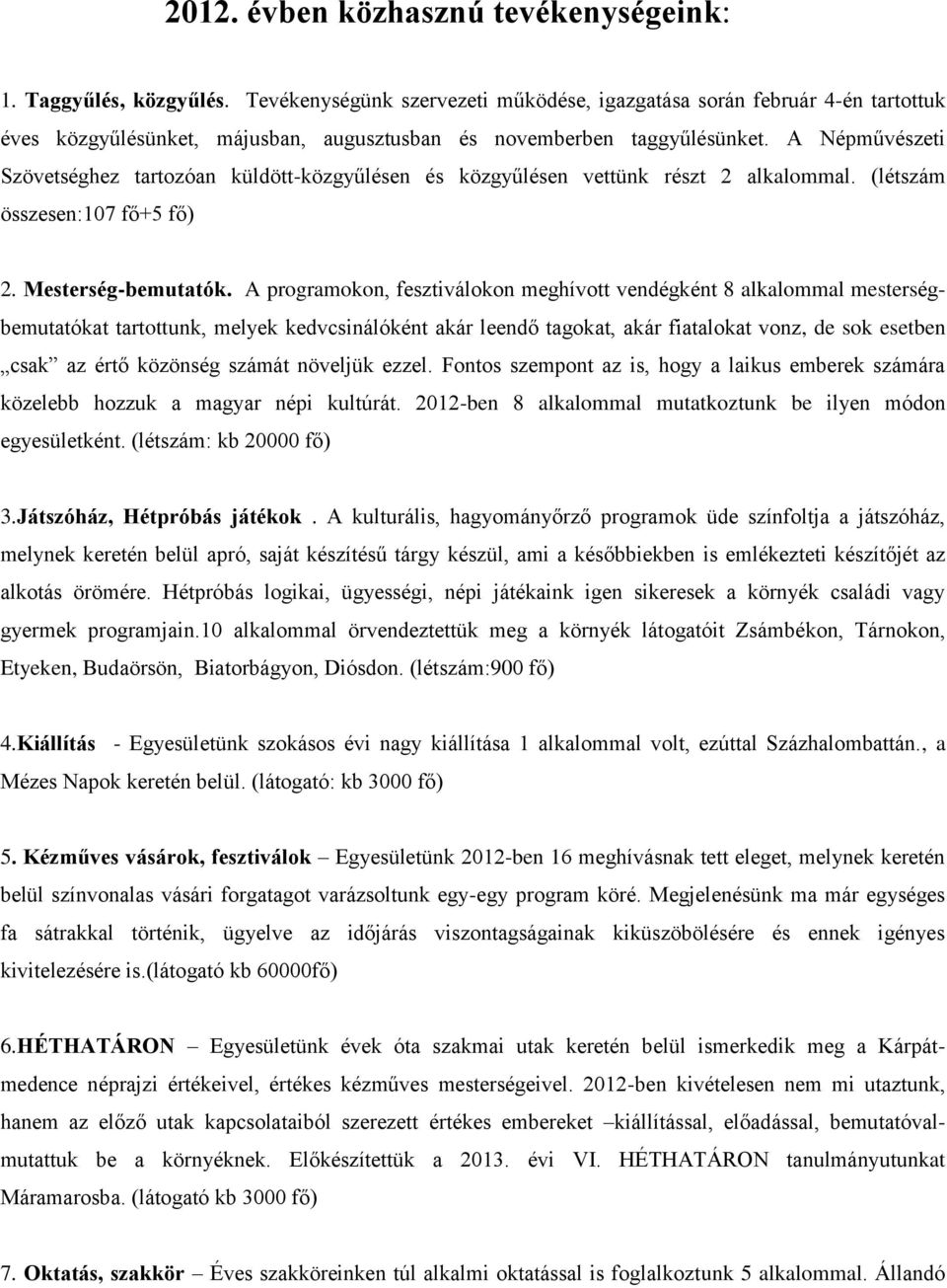 A Népművészeti Szövetséghez tartozóan küldött-közgyűlésen és közgyűlésen vettünk részt 2 alkalommal. (létszám összesen:107 fő+5 fő) 2. Mesterség-bemutatók.