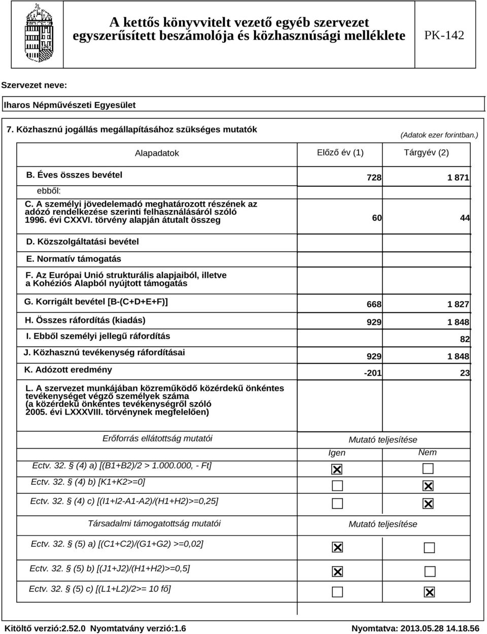 Normatív támogatás F. Az Európai Unió strukturális alapjaiból, illetve a Kohéziós Alapból nyújtott támogatás G. Korrigált bevétel [B-(C+D+E+F)] H. Összes ráfordítás (kiadás) I.