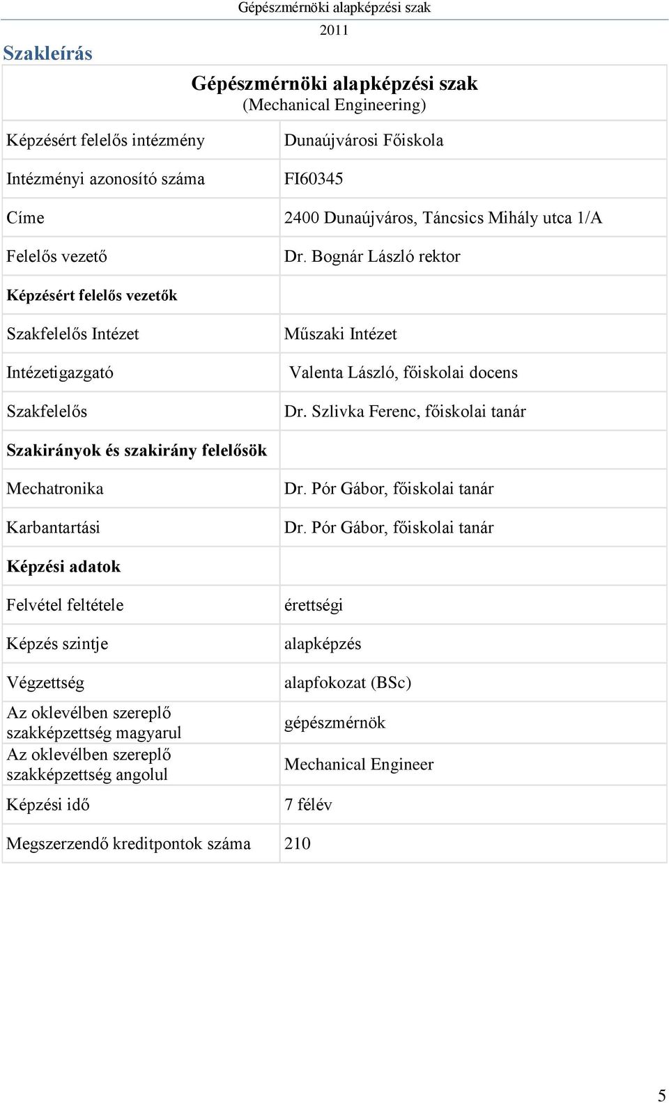 Szlivka Ferenc, főiskolai tanár Szakirányok és szakirány felelősök Mechatronika Karbantartási Dr. Pór Gábor, főiskolai tanár Dr.