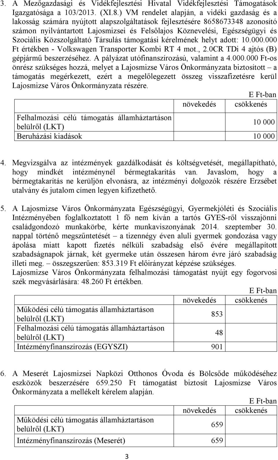 és Szociális Közszolgáltató Társulás támogatási kérelmének helyt adott: 10.000.000 Ft értékben - Volkswagen Transporter Kombi RT 4 mot., 2.0CR TDi 4 ajtós (B) gépjármű beszerzéséhez.