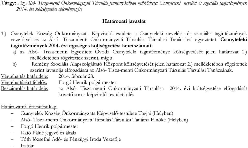Csanyteleki tagintézmények 2014. évi egységes költségvetési keretszámait: a) az Alsó- Tisza-menti Egyesített Óvoda Csanyteleki tagintézménye költségvetését jelen határozat 1.