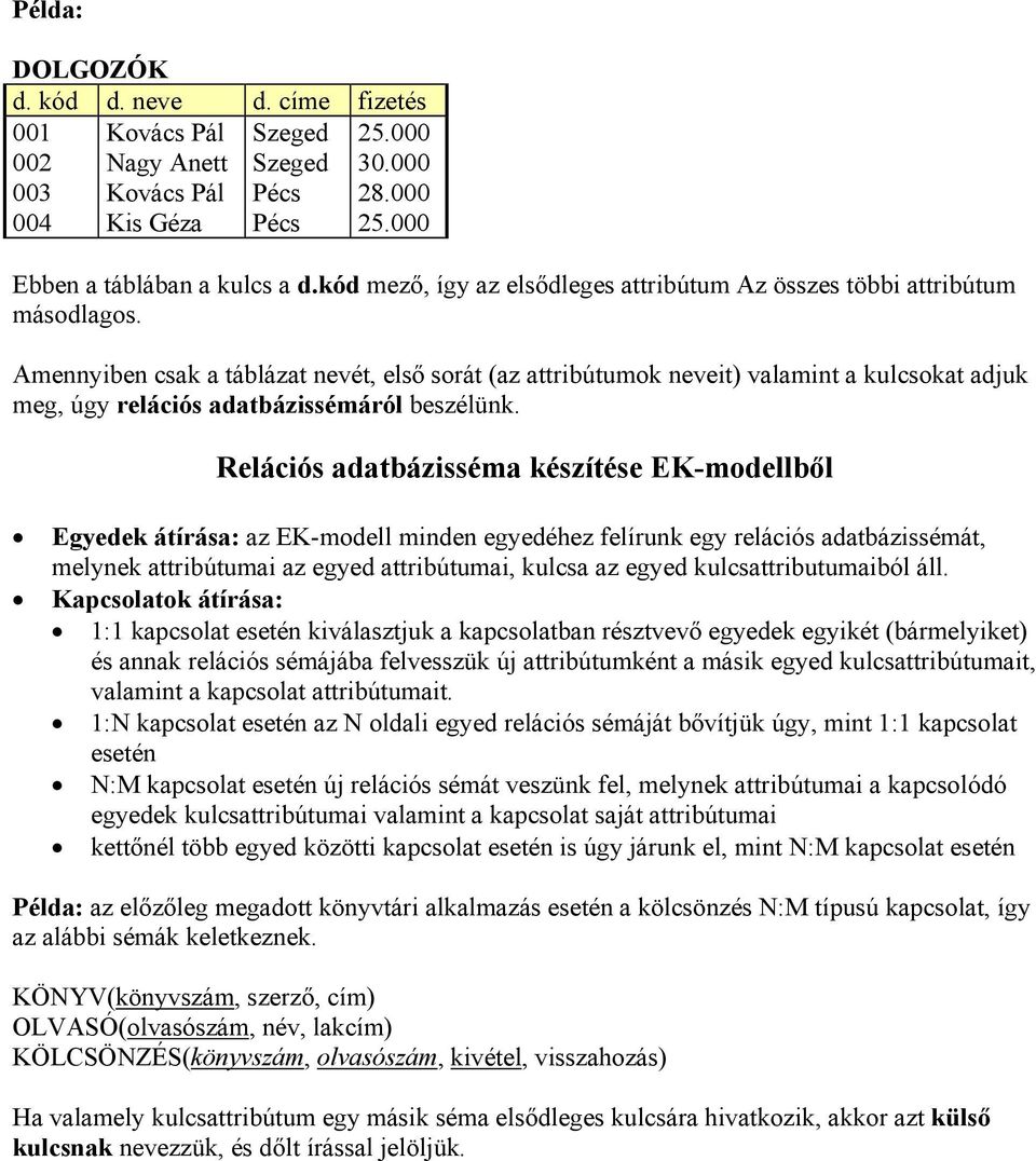 Amennyiben csak a táblázat nevét, első sorát (az attribútumok neveit) valamint a kulcsokat adjuk meg, úgy relációs adatbázissémáról beszélünk.