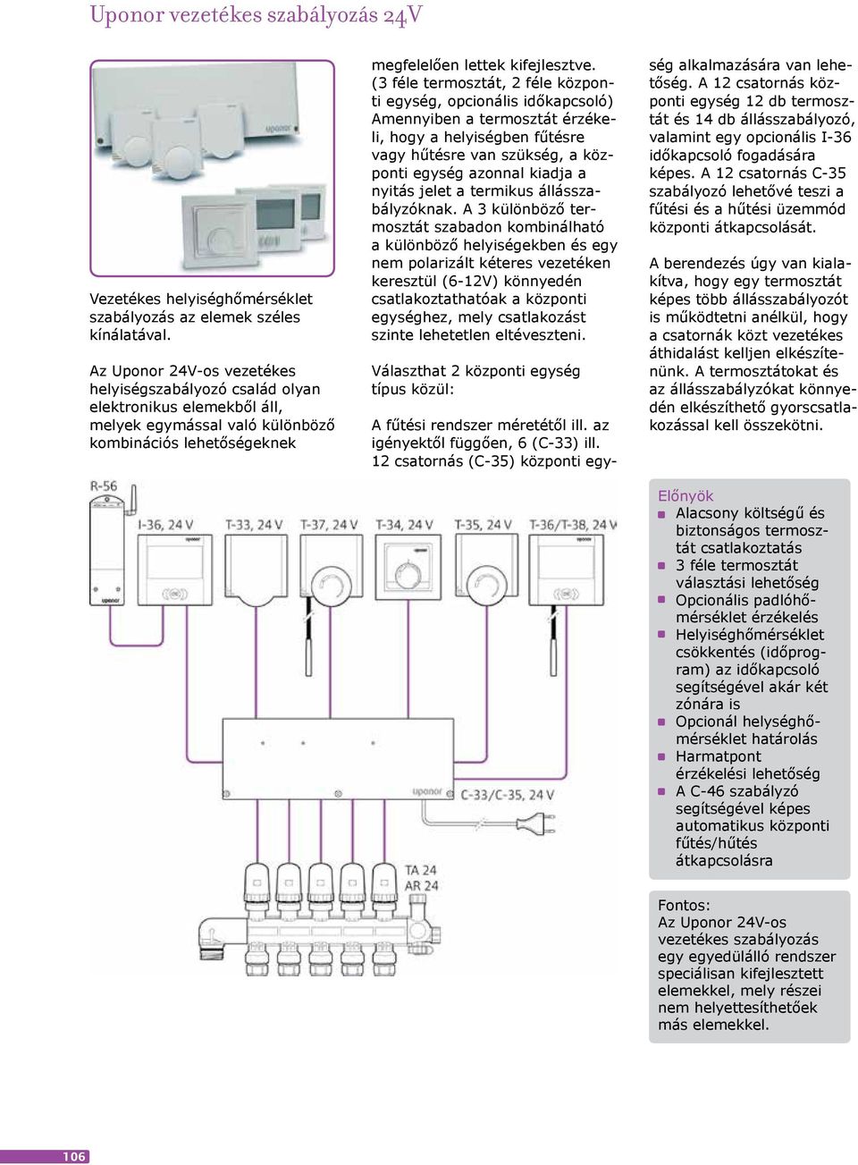 (3 féle termosztát, 2 féle központi egység, opcionális időkapcsoló) Amennyiben a termosztát érzékeli, hogy a helyiségben fűtésre vagy hűtésre van szükség, a központi egység azonnal kiadja a nyitás