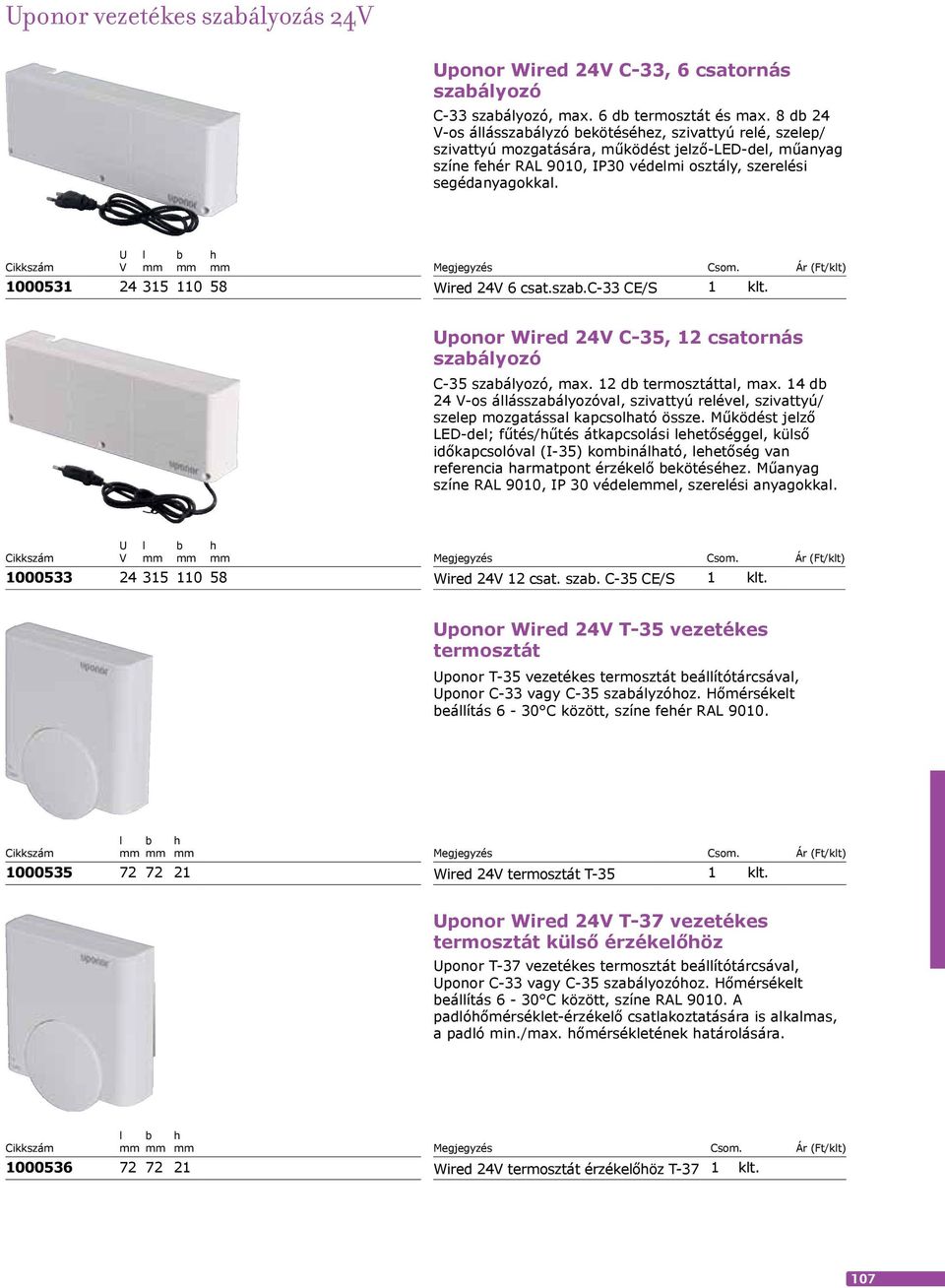 U V l b h 1000531 24 315 110 58 Wired 24V 6 csat.szab.c-33 CE/S 1 klt. 39 190 Uponor Wired 24V C-35, 12 csatornás szabályozó C-35 szabályozó, max. 12 db termosztáttal, max.