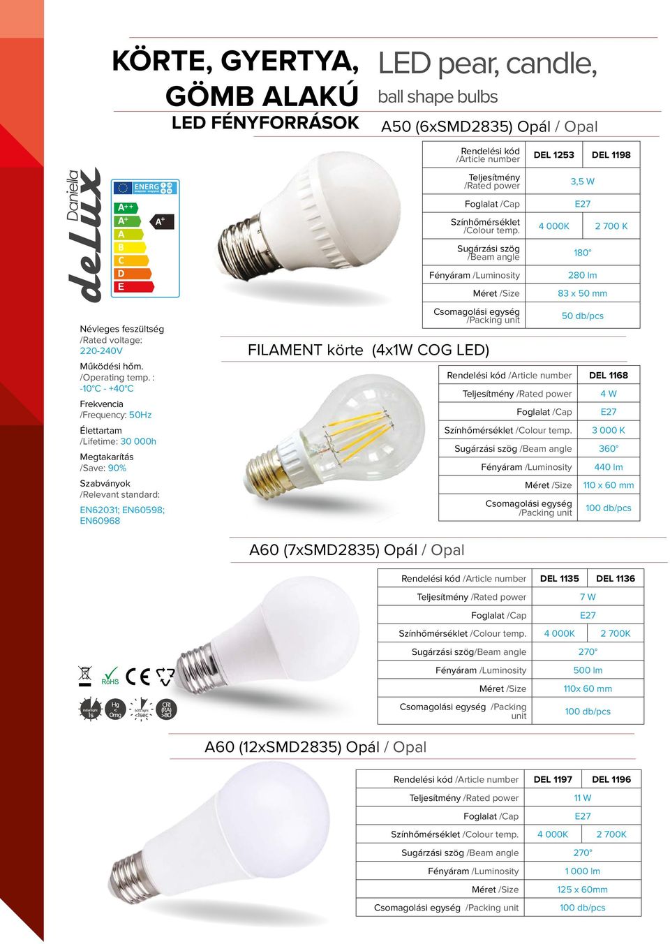 : -10 C - 40 C /Frequency: 50Hz /Lifetime: 30 000h Megtakarítás /Save: 90% /Relevant standard: EN62031; EN60598; EN60968 FILAMENT körte (4x1W COG LED) /Beam angle E27 4