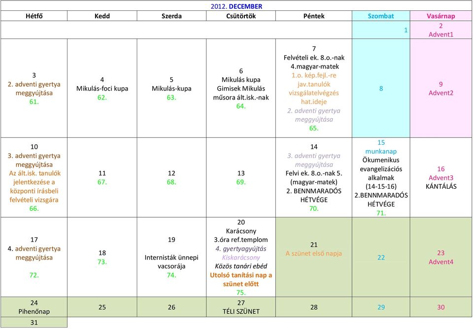 . adventi gyertya meggyújtása. Pihenőnap... Internisták ünnepi vacsorája.. Karácsony.óra ref.templom. gyertyagyújtás Kiskarácsony Közös tanári ebéd Utolsó tanítási nap a szünet előtt.