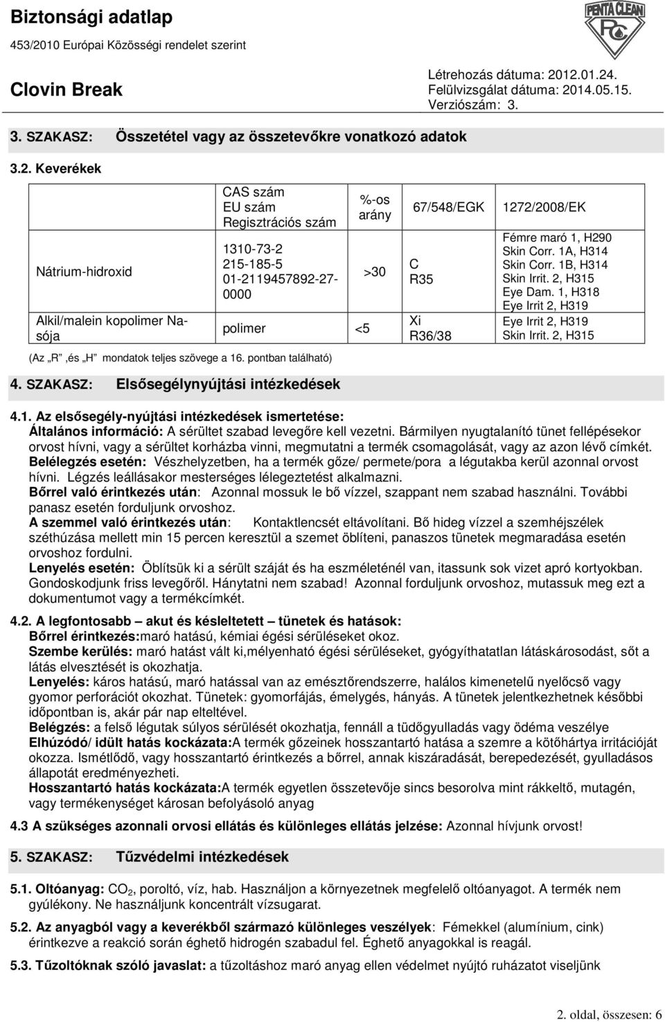 pontban található) 4. SZAKASZ: Elsısegélynyújtási intézkedések %-os arány >30 67/548/EGK C R35 Xi R36/38 1272/2008/EK Fémre maró 1, H290 Skin Corr. 1A, H314 Skin Corr. 1B, H314 Skin Irrit.