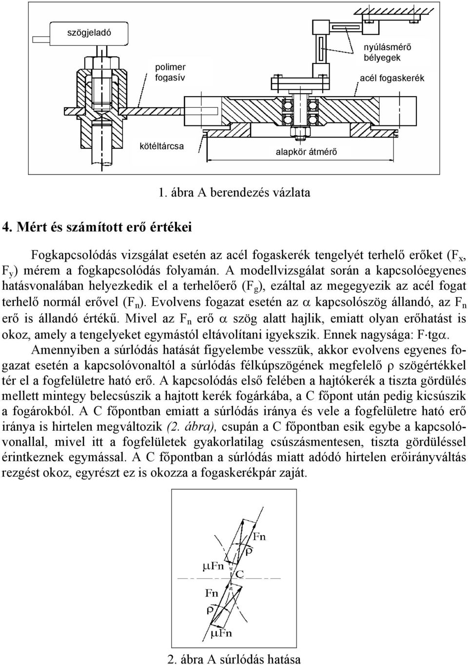 A modellvizsgálat során a kapcsolóegyenes hatásvonalában helyezkedik el a terhelőerő (F g ), ezáltal az megegyezik az acél fogat terhelő normál erővel (F n ).