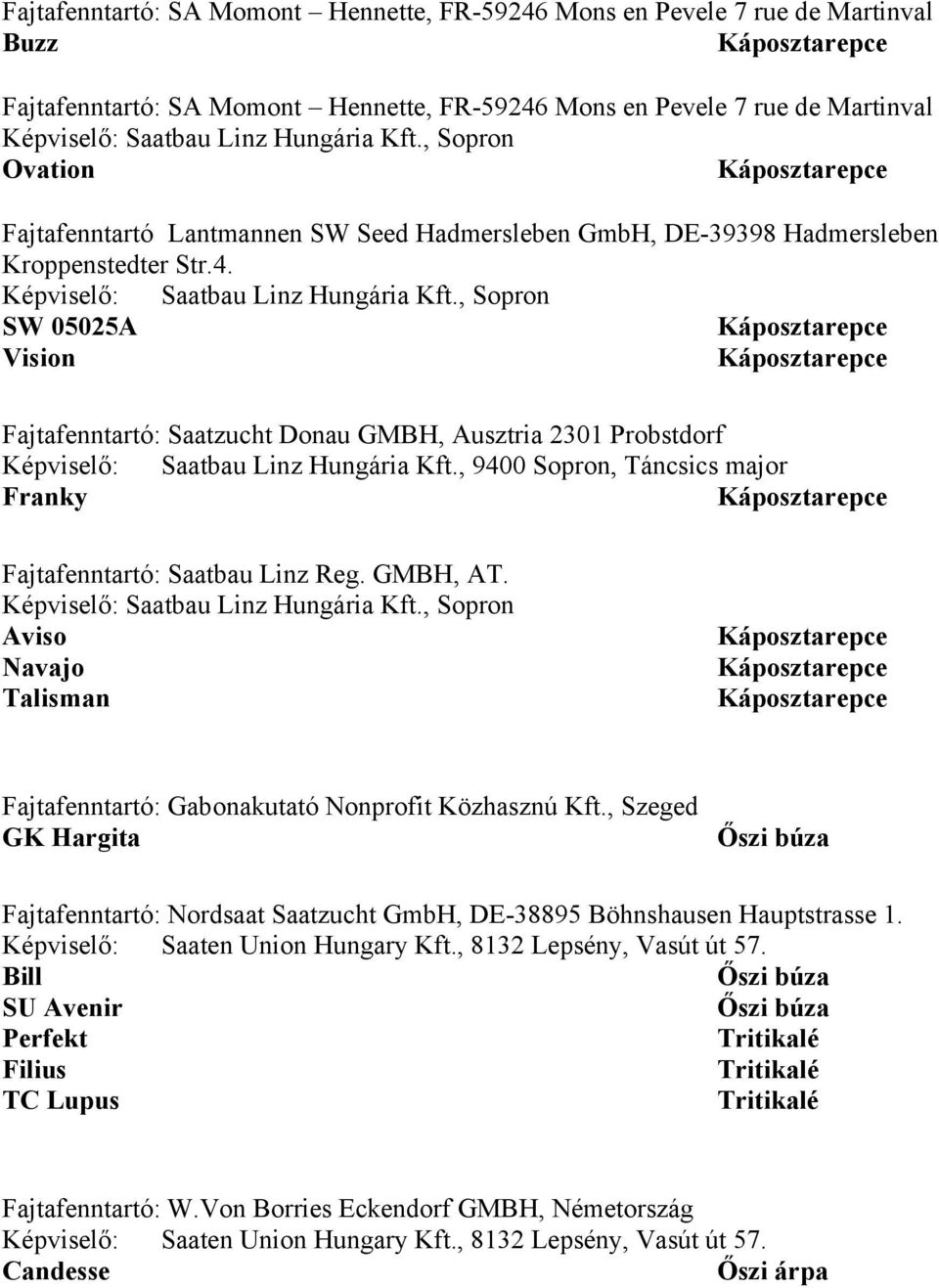 , Sopron SW 05025A Vision Fajtafenntartó: Saatzucht Donau GMBH, Ausztria 2301 Probstdorf Képviselő: Saatbau Linz Hungária Kft., 9400 Sopron, Táncsics major Franky Fajtafenntartó: Saatbau Linz Reg.