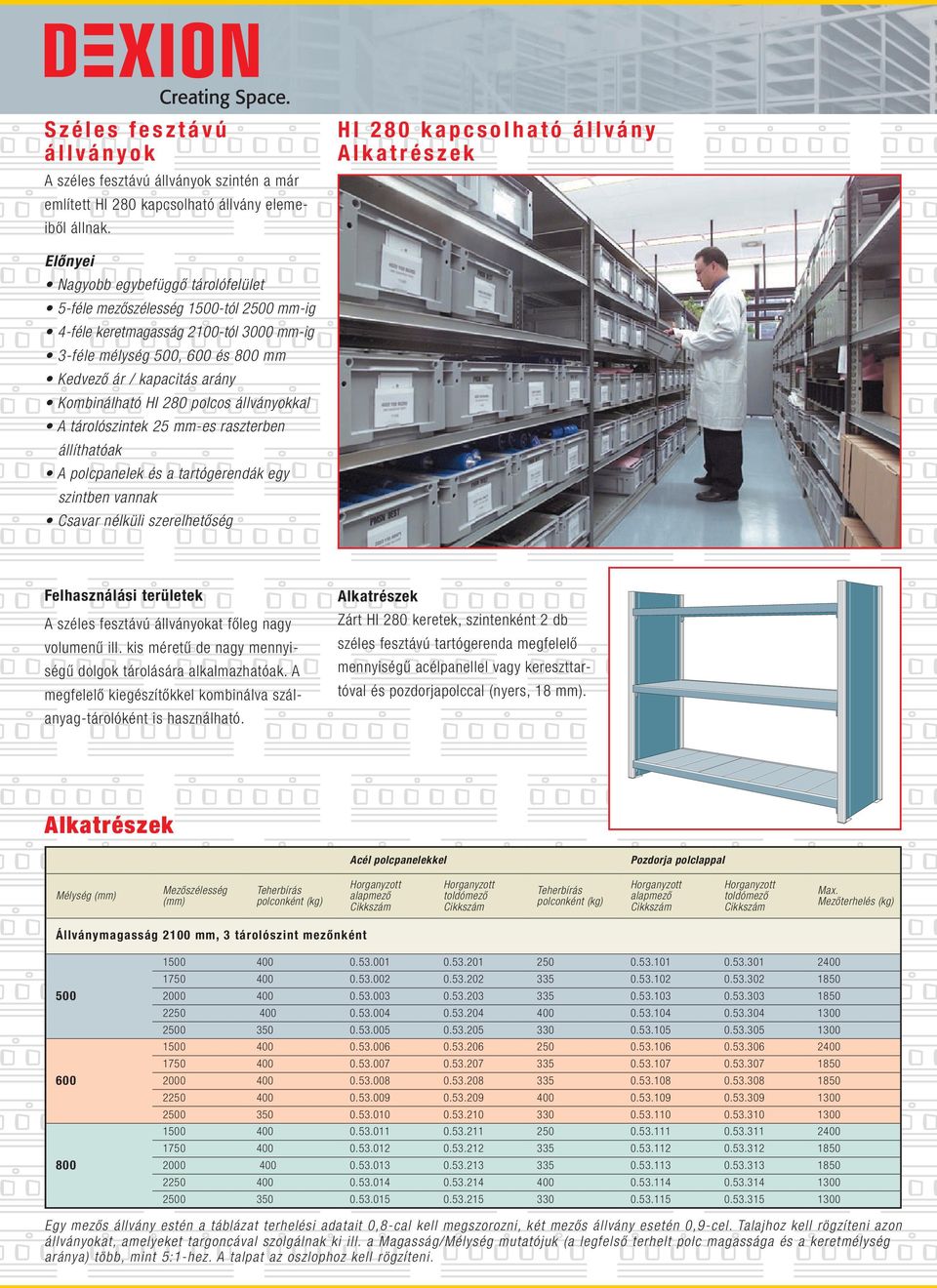 és 800 mm Kedvező ár / kapacitás arány Kombinálható HI 280 polcos állványokkal A tárolószintek 25 mm-es raszterben állíthatóak A polcpanelek és a tartógerendák egy szintben vannak Csavar nélküli