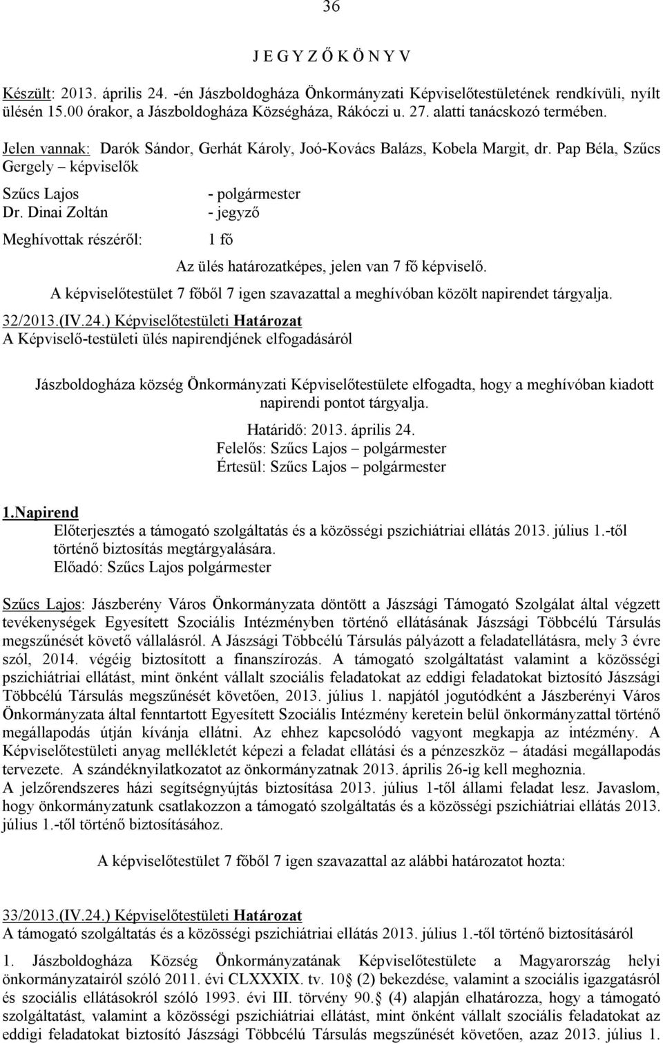 Dinai Zoltán Meghívottak részéről: - polgármester - jegyző 1 fő Az ülés határozatképes, jelen van 7 fő képviselő.