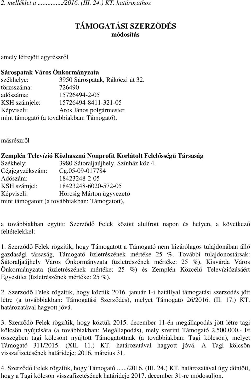 Nonprofit Korlátolt Felelősségű Társaság Székhely: 3980 Sátoraljaújhely, Színház köz 4. Cégjegyzékszám: Cg.