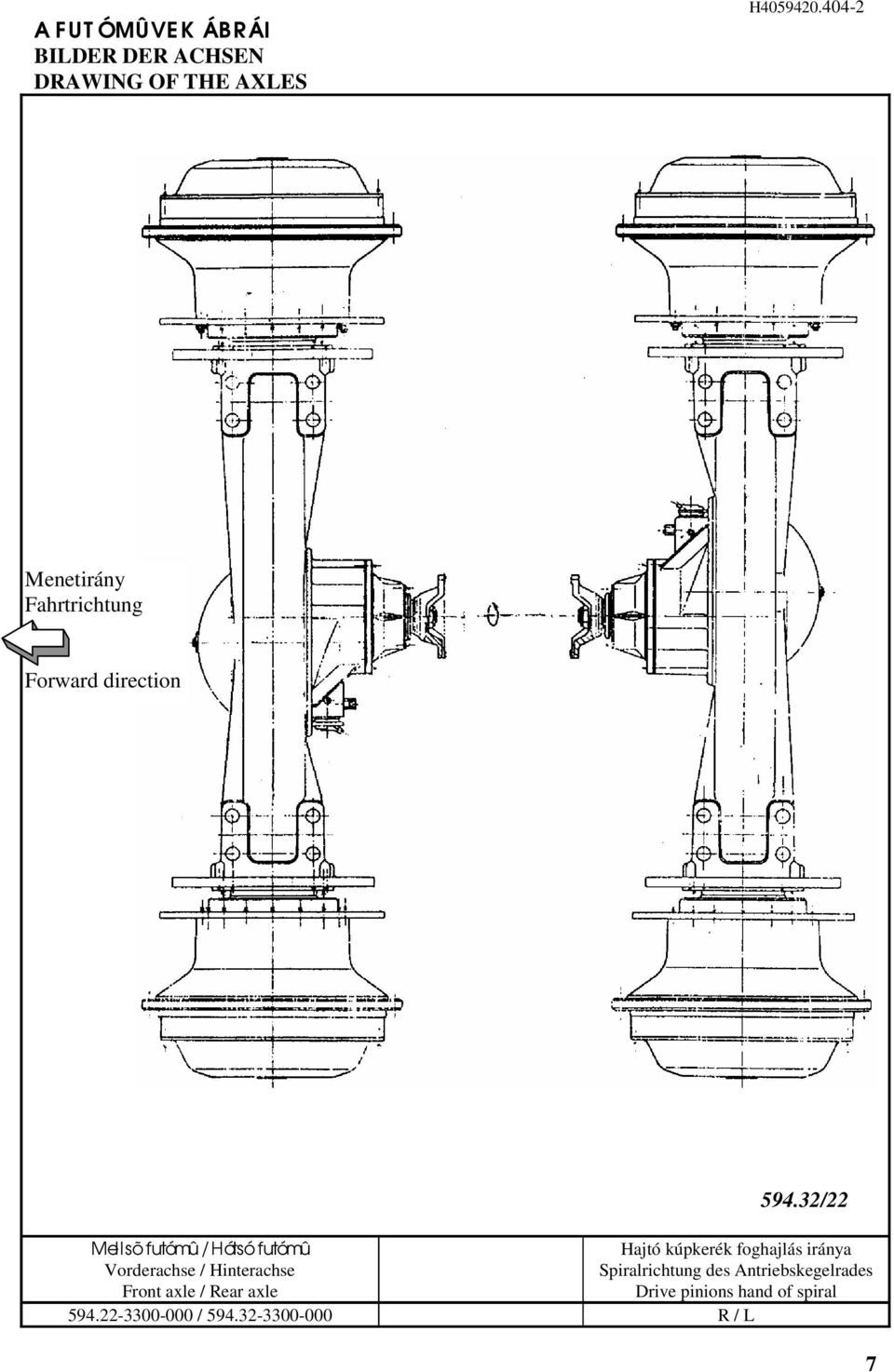 Vorderachse / Hinterachse Front axle / Rear axle Hajtó kúpkerék foghajlás iránya