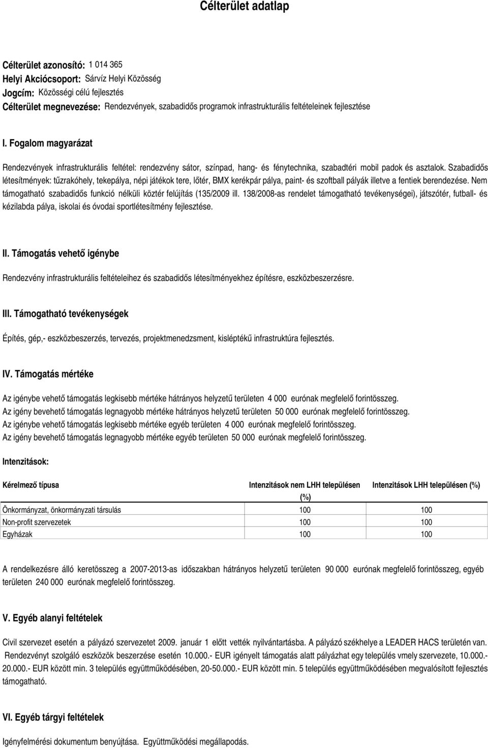 Szabadidős létesítmények: tűzrakóhely, tekepálya, népi játékok tere, lőtér, BMX kerékpár pálya, paint- és szoftball pályák illetve a fentiek berendezése.