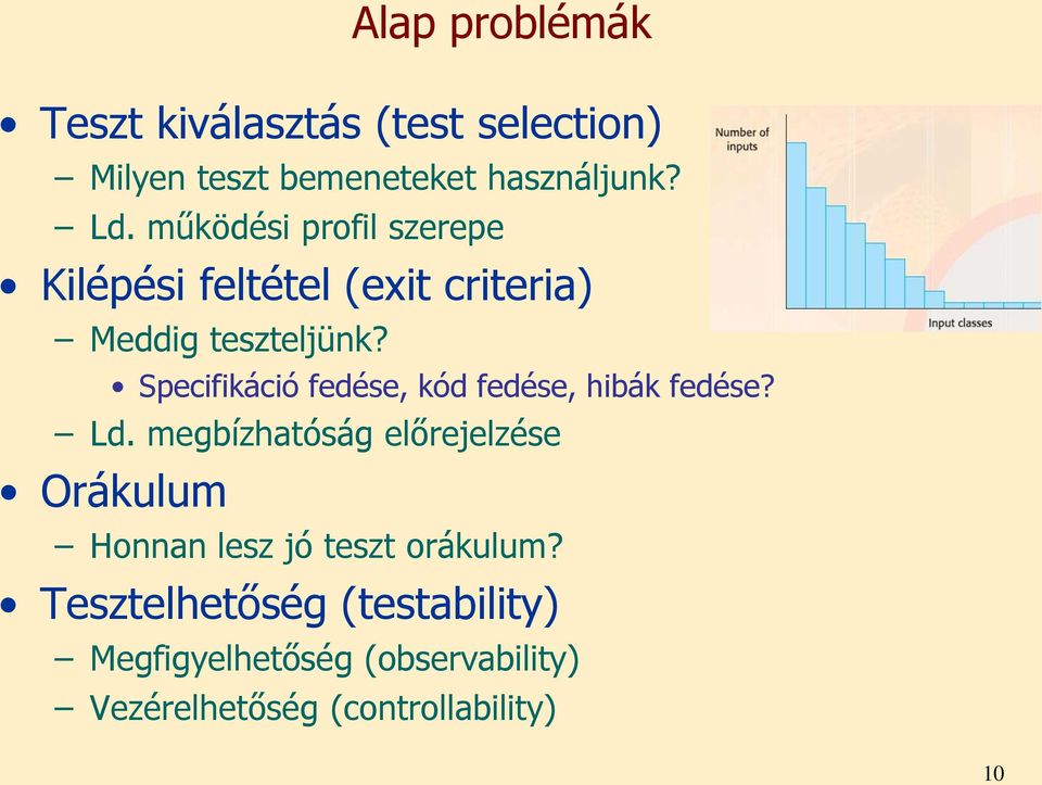 Specifikáció fedése, kód fedése, hibák fedése? Ld.