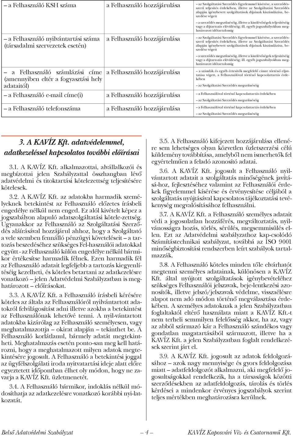 adatvédelemmel, adatkezeléssel kapcsolatos további előírásai 3.1. A KAVÍZ Kft.