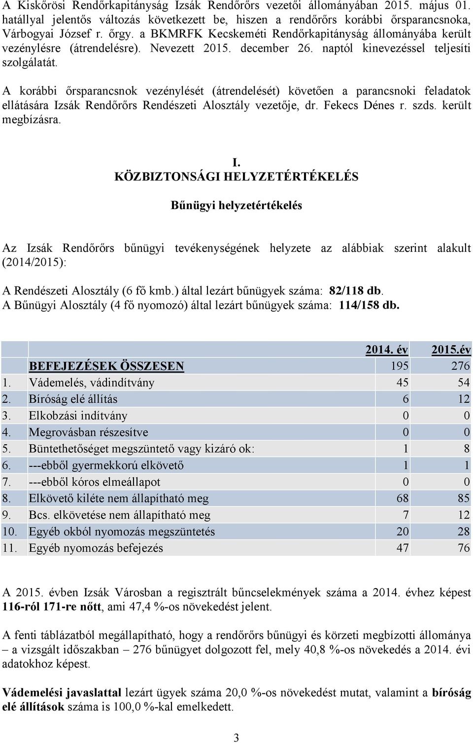 A korábbi őrsparancsnok vezénylését (átrendelését) követően a parancsnoki feladatok ellátására Iz